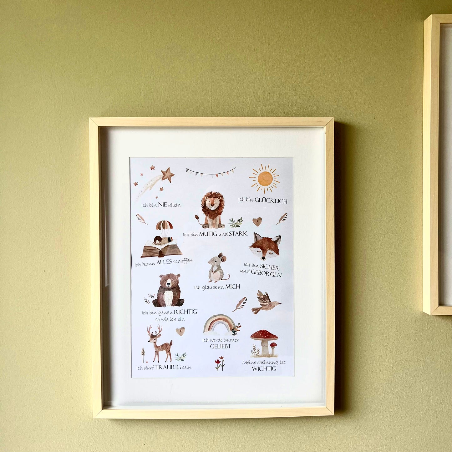 Digital poster with uplifting animal-themed affirmations for children's self-confidence in a stylish frame.