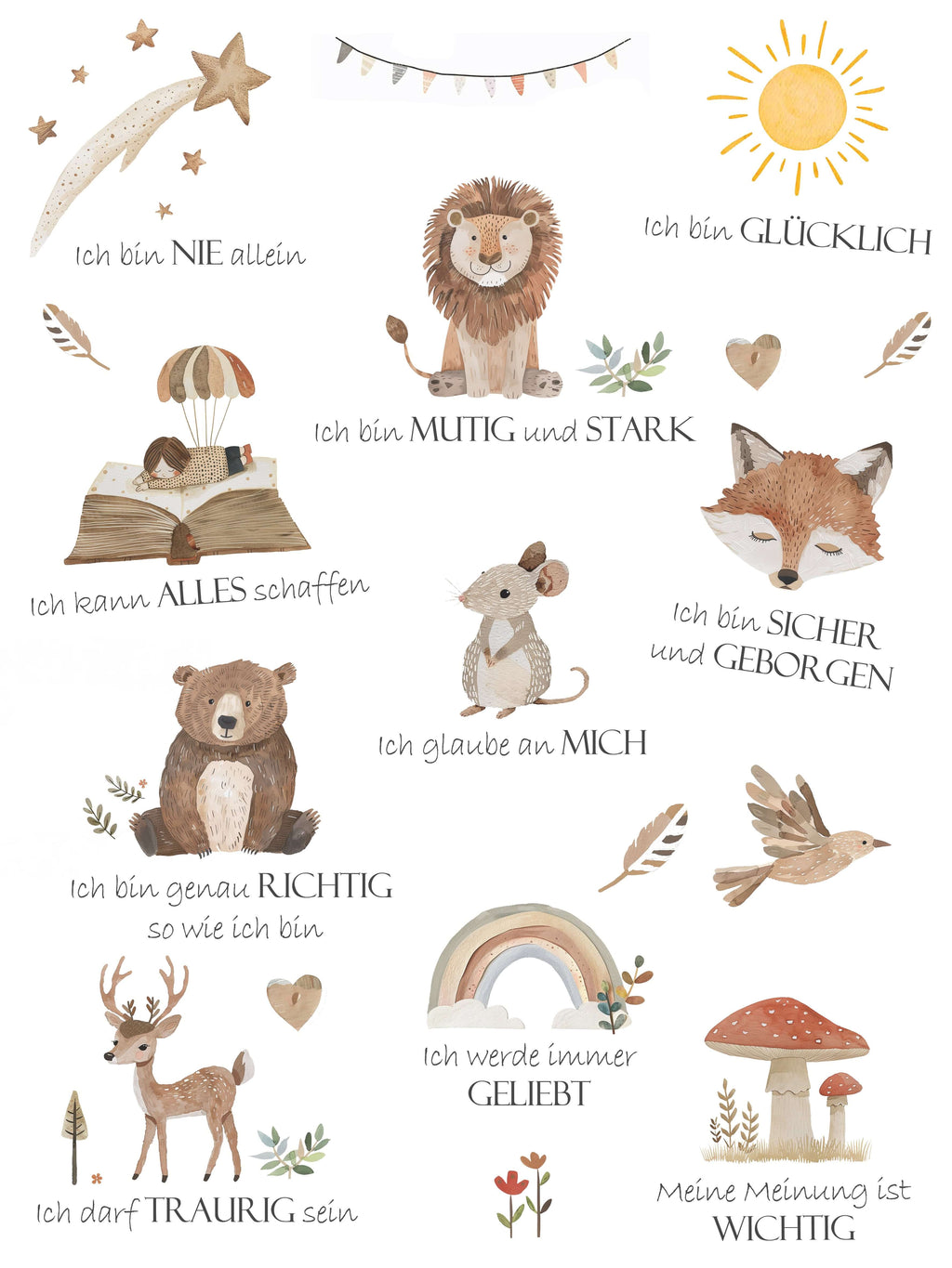 Digitales Poster mit positiven Affirmationen für Kinder, ideal zum Ausdrucken und Stärken des Selbstbewusstseins.