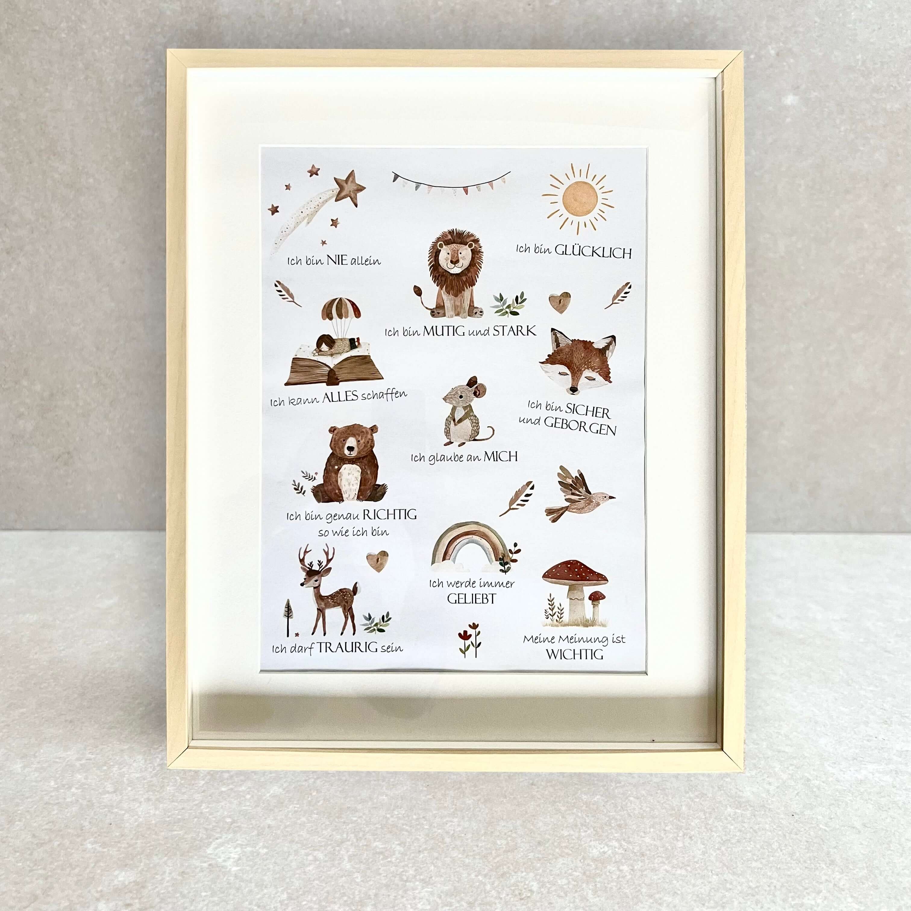 Poster with positive affirmations for children, framed in a light wood frame, designed for self-printing and motivation.